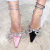 Glitter Rhinestones Women Pumps Crystal bowknot Satin Summer Lady Shoes Genuine leather High heels Party Prom Shoes