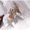 Glitter Rhinestones Women Pumps Crystal bowknot Satin Summer Lady Shoes Genuine leather High heels Party Prom Shoes