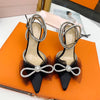 Glitter Rhinestones Women Pumps Crystal bowknot Satin Summer Lady Shoes Genuine leather High heels Party Prom Shoes